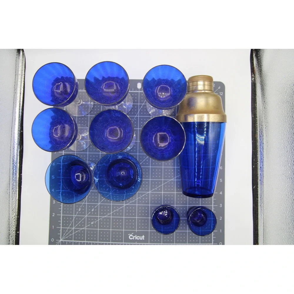 Vintage Cobalt Blue Glass Cocktail Shaker Set with 10 Glasses Gold tone Lid